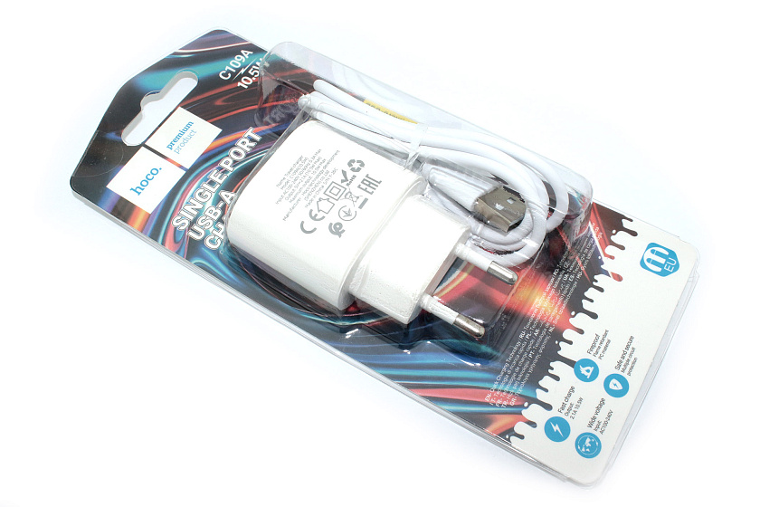 Блок питания (сетевой адаптер) HOCO C109A 1xUSB с кабелем Micro-USB, 2.1A, 10W, белый